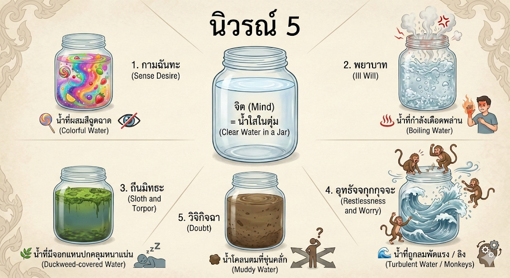 นิวรณ์ 5 เปรียบเทียบกับน้ำในโหล
